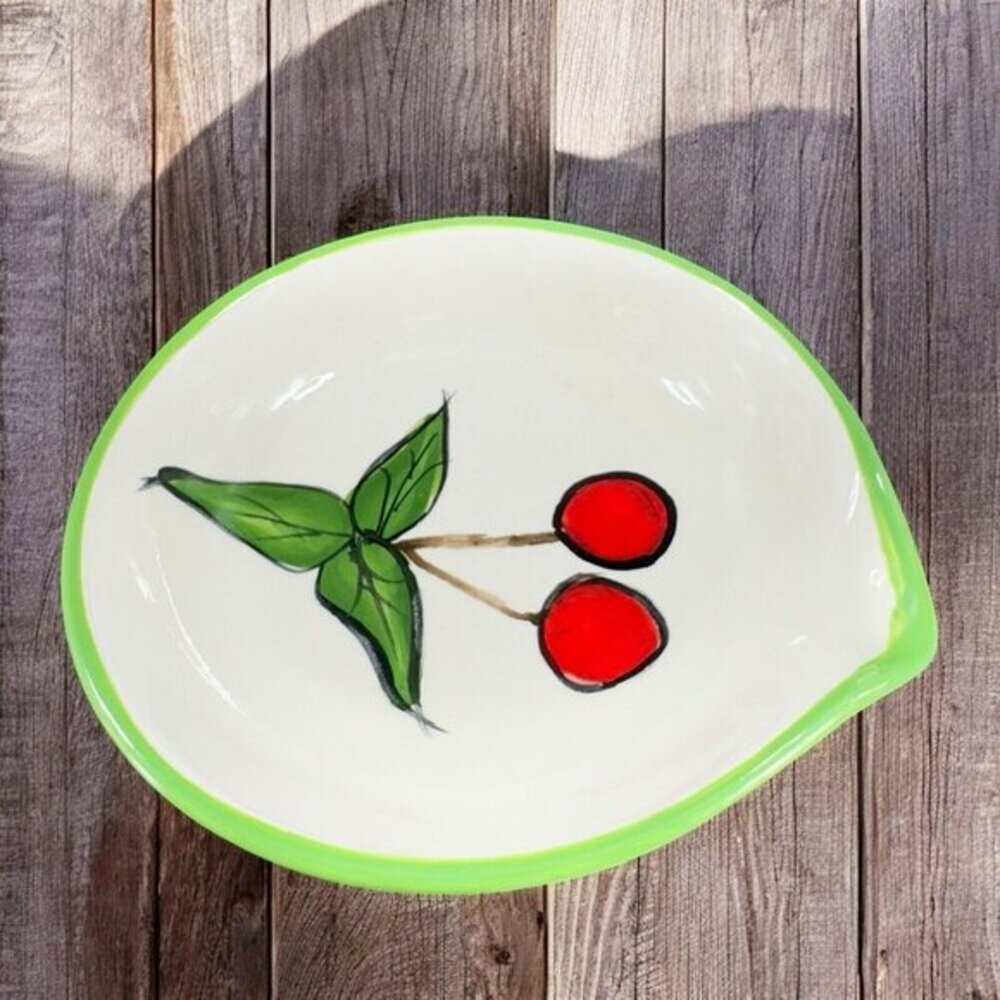 Vintage Hand Painted Pottery Dish Plate Spoon Rest Holder With Spout Signed VTG